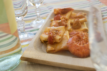 paccheri with prawns and cherry tomatoes