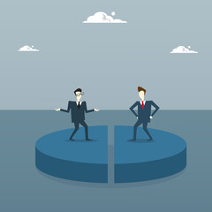 Tow Business Men On Pie Diagram Getting Equal Shares, Businessmen Competition Success Concept Flat Vector Illustration