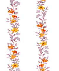 Retro seamless naive floral frame strip. Vintage cute flowers and leaves. Watercolour