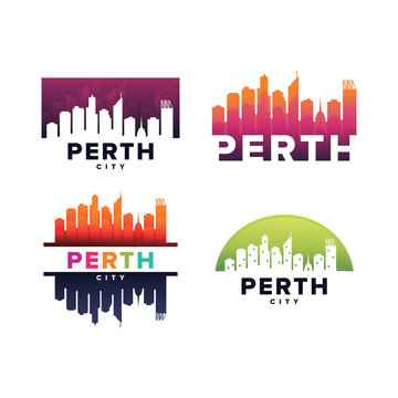 Cityscapes Skylines of Perth City Silhouette Logo Template Collection
