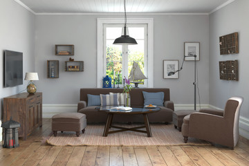 Skandinavisches, nordisches Wohnzimmer mit einem Sofa, Sessel, Hocker, Tisch, Lampen, Möbeln und Fernseher