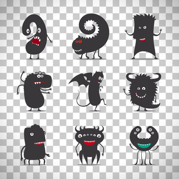 Cute black monsters on transparent background