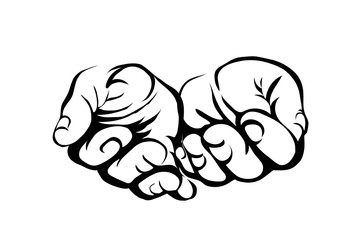 Gesture open palms. Two Hand gives or receives. Contour graphic style. Black and white. Vector illustration on white background. Empty space for advertising
