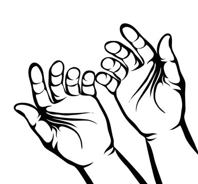 Gesture open palms. Two Hand gives or receives. Contour graphic style. Black and white. Vector illustration on white background. Empty space for advertising