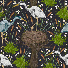 Seamless pattern with heron bird, old tree, nest and swamp plants. Marsh flora and fauna. Isolated elements Vintage hand drawn vector illustration in watercolor style