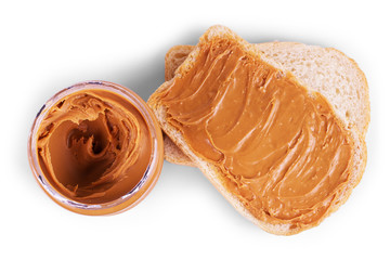 peanut butter sandwich and peanuts on white background