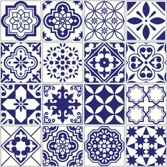 Papier Peint photo Portugal carreaux de céramique Modèle de tuiles sans couture, ensemble de mosaïque florale méditerranéenne, ornement bleu marine sans couture de Lisbonne