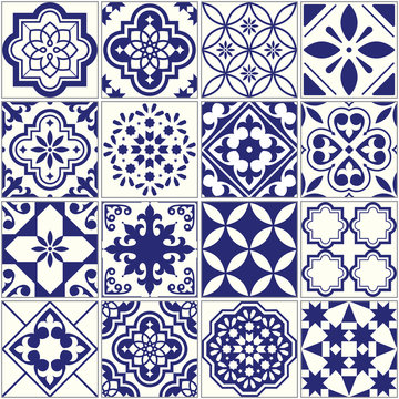 Seamless tiles pattern, Mediterranean floral mosaic set, Lisbon seamless navy blue ornament