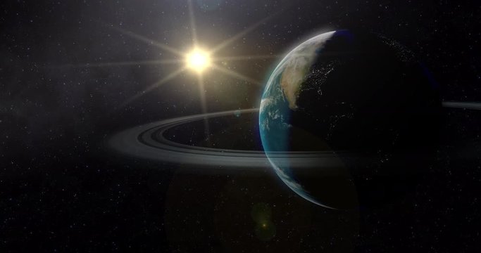 A fictional orbital view of the Earth if it had rings like Saturn.	