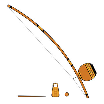 Isolated colorful decorative ornate berimbau with caxixi, baqueta and dobrao on white background. Colored brazilian musical instrument for bateria of capoeira.