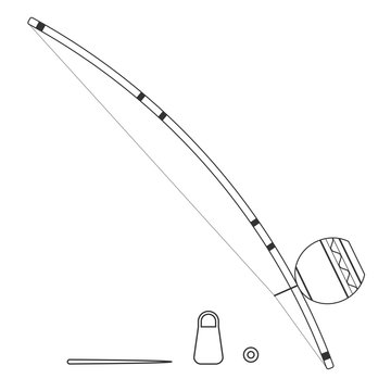 Isolated black outline decorative ornate berimbau with caxixi, baqueta and dobrao on white background. Line brazilian musical instrument for bateria of capoeira.