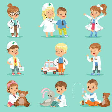 Cute kids playing doctor set. Smiling little boys and girls dressed as doctors examining and treating their patients vector illustrations