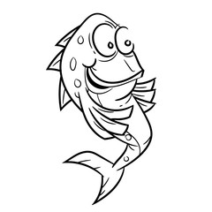 Line Drawing of Smiling Fish Cartoon -Simple line Vector