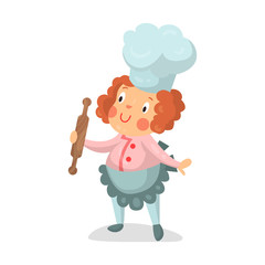 Cute cartoon little girl chef character with rolling pin vector Illustration