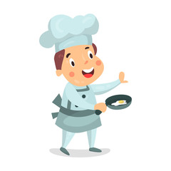 Cute cartoon little boy chef character holding a frying pan with fried eggs vector Illustration