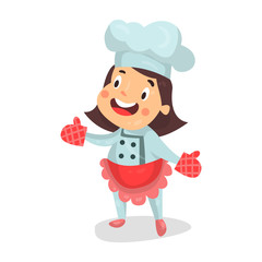 Cute cartoon little girl chef character in red apron and kitchen oven gloves vector Illustration