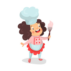 Cute cartoon little girl chef character holding whisk with pink cream vector Illustration