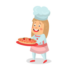 Cute cartoon smiling little girl chef character walking with strawberry pie cake vector Illustration