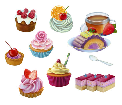 Set  sweeties. hand drawn chocolate and cookies elements , sweets and candies, cake with fruit illustration on white background