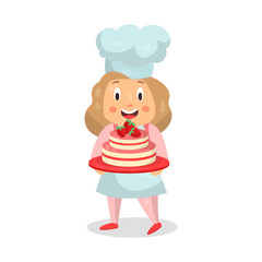 Cute cartoon little girl chef character holding a strawberry cake vector Illustration