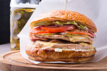 Hamburger on a wooden board