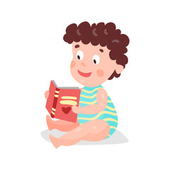 Cute cartoon curly toddler boy sitting on the floor and reading a book colorful character vector Illustration