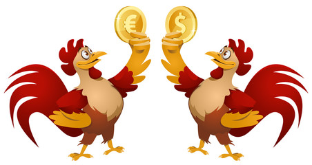 One red rooster holding dollar symbol and another red rooster holding euro symbol. Cartoon styled vector illustration. Elements is grouped. Isolated on white.