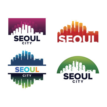 Cityscapes Skylines of Seoul City Silhouette Logo Template Collection