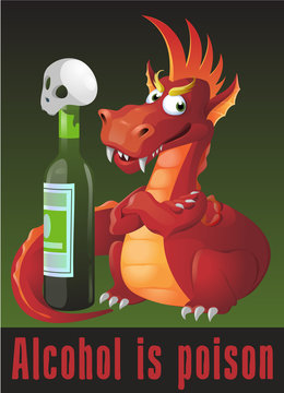 The dangers of alcoholism concept with a skull on a bottle and ferocious Dragon. Cartoon styled vector illustration. Elements is grouped and divided into layers. No transparent objects. 