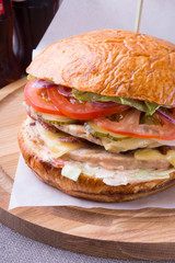 Hamburger on a wooden board