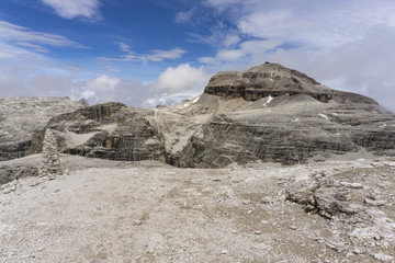 Rocky landscape of the Dolomites. View of the Piz Boe.
