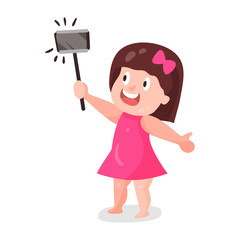 Cute cartoon girl in pink dress making selfie with a stick colorful character vector Illustration