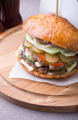 Hamburger on a wooden board
