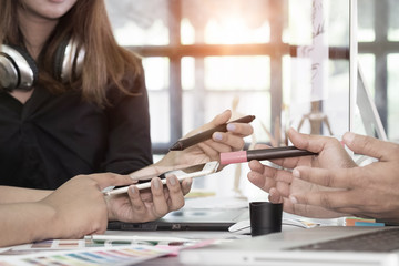 designer graphic creative creativity work talking designing artist coloring colour ideas planing for a concept working - stock image creative team.