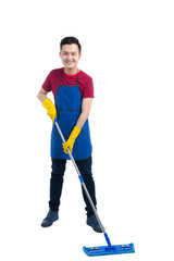 Handsome smiling asian man doing housework. Isolated over white.