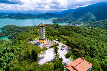 Aerial view of Pa Cien Pagoda in Nantou, Taiwan Pacien pagoda, Sun Moon Lake, Nantou, Taiwan