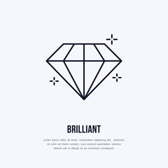 Shining brilliant illustration. Diamond jewelry flat line icon, gem stone store logo. Jewels luxury accessories sign.