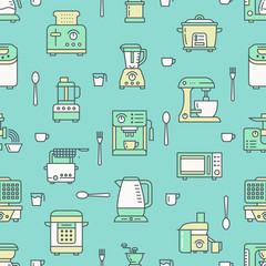 Kitchen utensil, small appliances green seamless pattern with flat line icons. Background with household cooking tools blender, mixer, food processor, coffee machine, microwave, toaster. Electronics.
