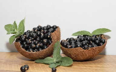  Black currant in a coconut shell with mint leaves on a texture background
