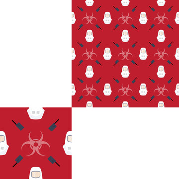 Seamless pattern of Rescue and fire with radio, biohazard sign and white helmets on the red background with pattern unit.