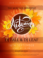 Vector autumn party poster with lettering, yellow autumn maple leaves, doodle branches and circle - 164149311