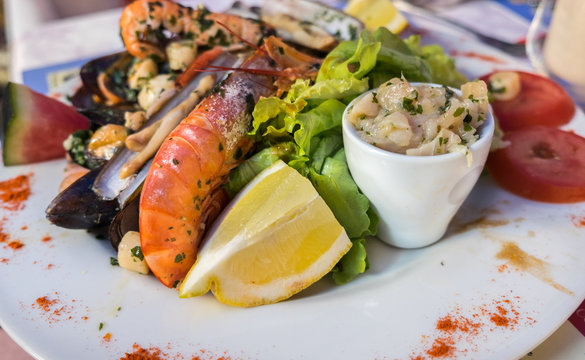 Fresh Fried Spicy Seafood Plate Mixed  Served In Local Restaurant In Provence Region. France