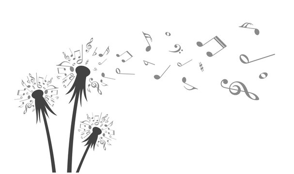 Fototapeta Flower field dandelion with flying notes.