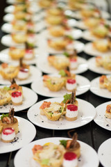 Many plates of appetizers being prepared in commercial kitchen, for an event