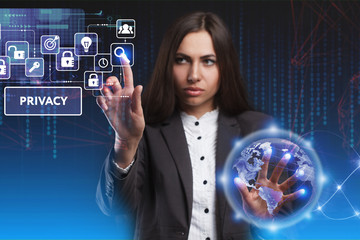 The concept of business, technology, the Internet and the network. A young entrepreneur working on a virtual screen of the future and sees the inscription: Privacy