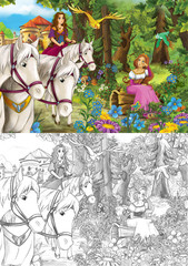 Cartoon happy and funny scene of princess and prince in the forest with her horses near the castle - illustration for children