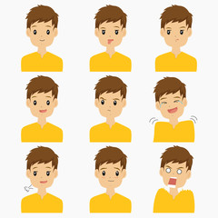 young man emojis character vector set, with different facial expressions