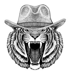 Wild tiger Wild animal wearing cowboy hat Wild west animal Cowboy animal T-shirt, poster, banner, badge design