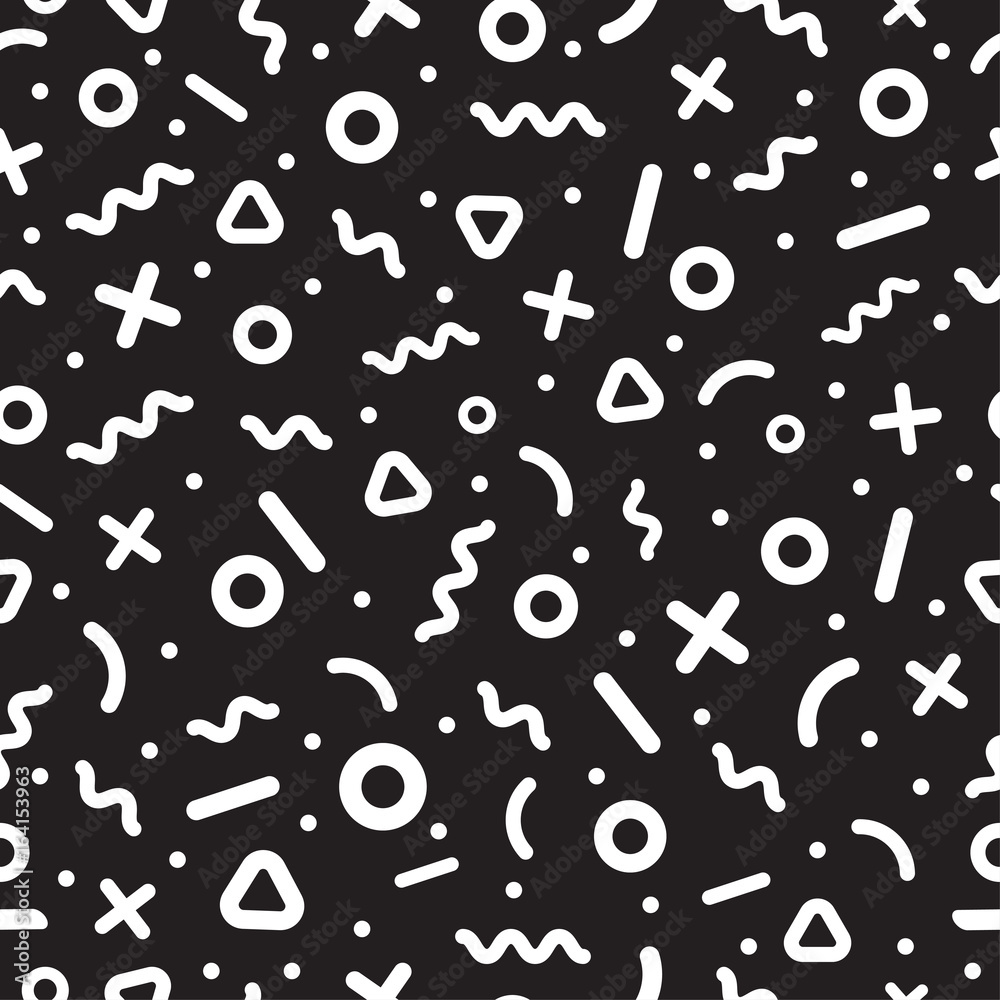 Poster Scattered Geometric Line Shapes. Abstract Background Design. Vector Seamless Black and White Pattern.