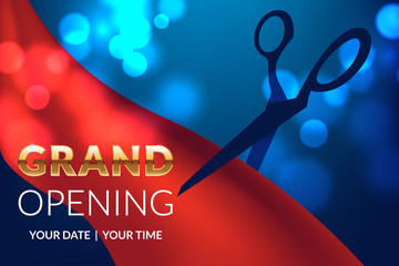 Grand opening invitation concept. Gold glitter letters on luxury background with light effect,scissors, red ribbon. Celebration design. Applicable for flyer, presentation and poster design.